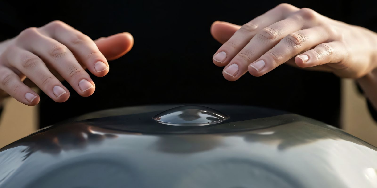 Close-up of hands playing a handpan, illustrating handpan scales and tone layout for beginners choosing a handpan