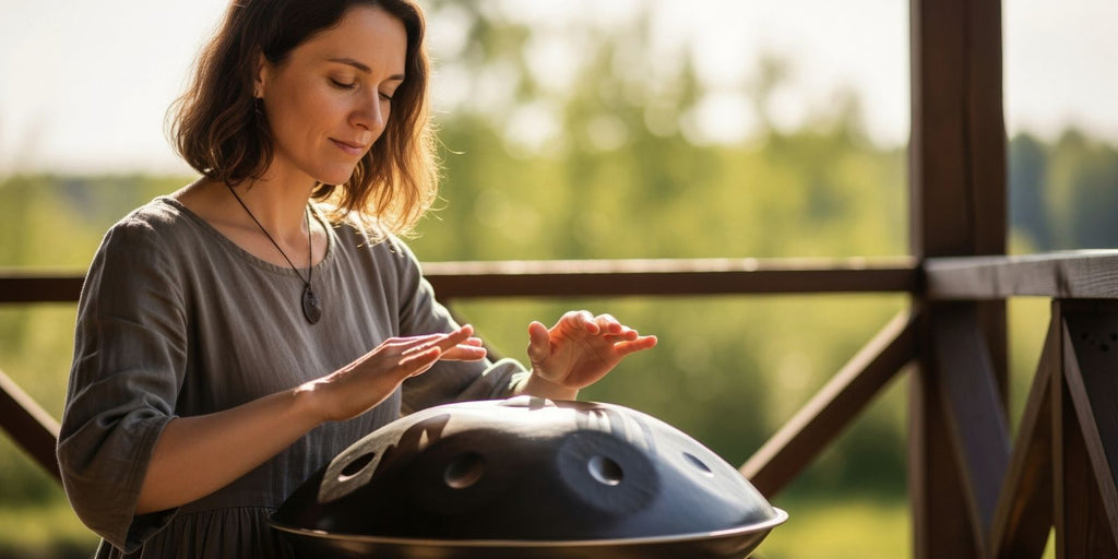 Beginner playing a handpan outdoors, showing hand placement and tone areas for choosing your first handpan