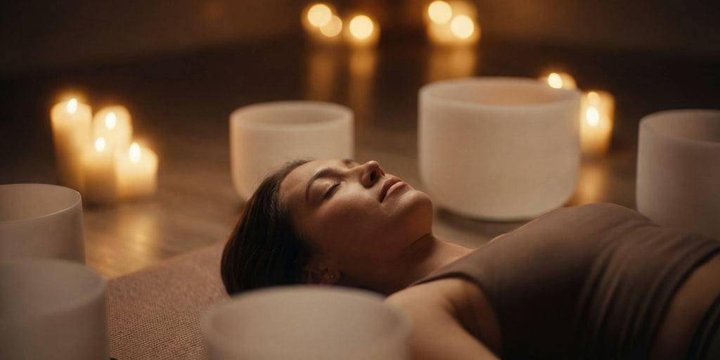 Woman lying down surrounded by crystal singing bowls during a sound healing meditation session using therapeutic frequency instruments