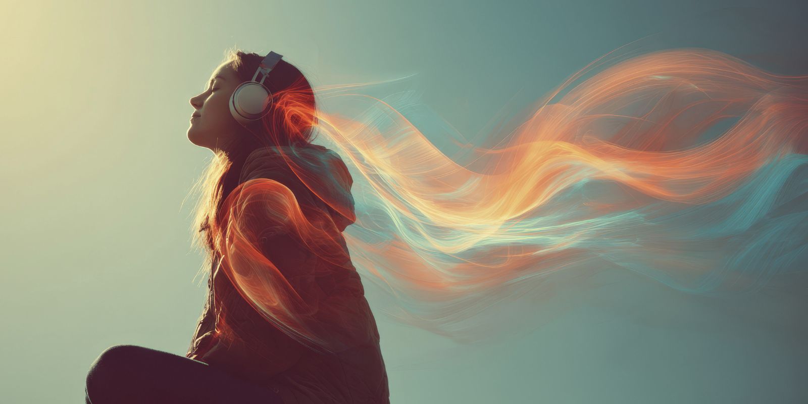 Person immersed in sound with flowing light representing resonance and immersive sound, illustrating the concept of frequency instruments and modern sound exploration.