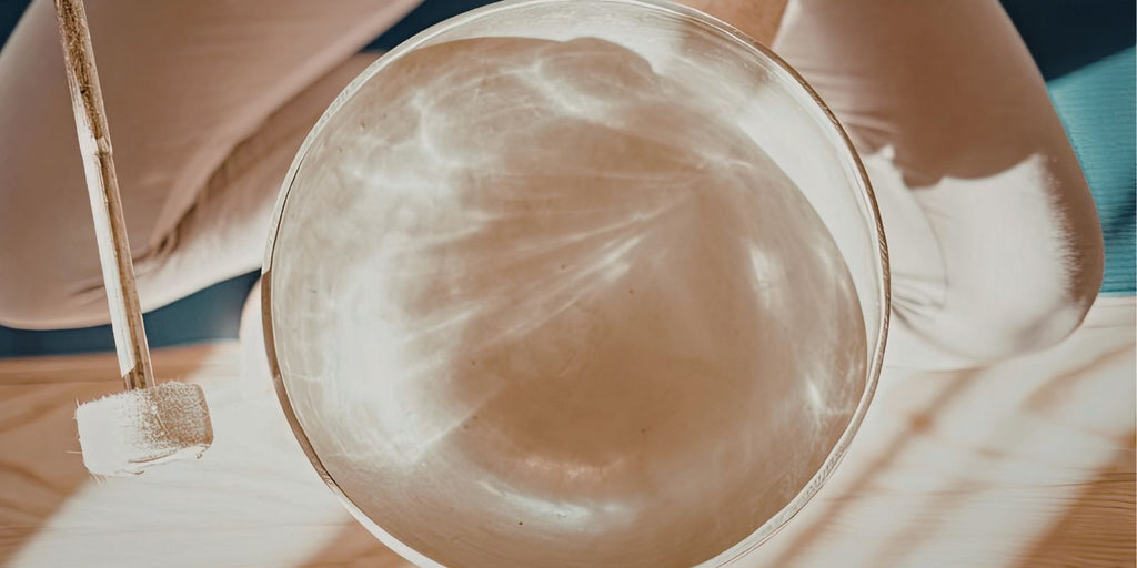 Overhead view of a crystal singing bowl and mallet illustrating resonance and sound vibration.