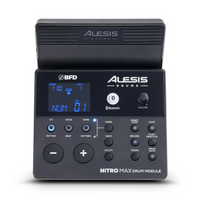 Alesis Nitro Max Drum Module featuring an LCD display, control buttons, rotary selector, Bluetooth functionality, and an integrated device holder.