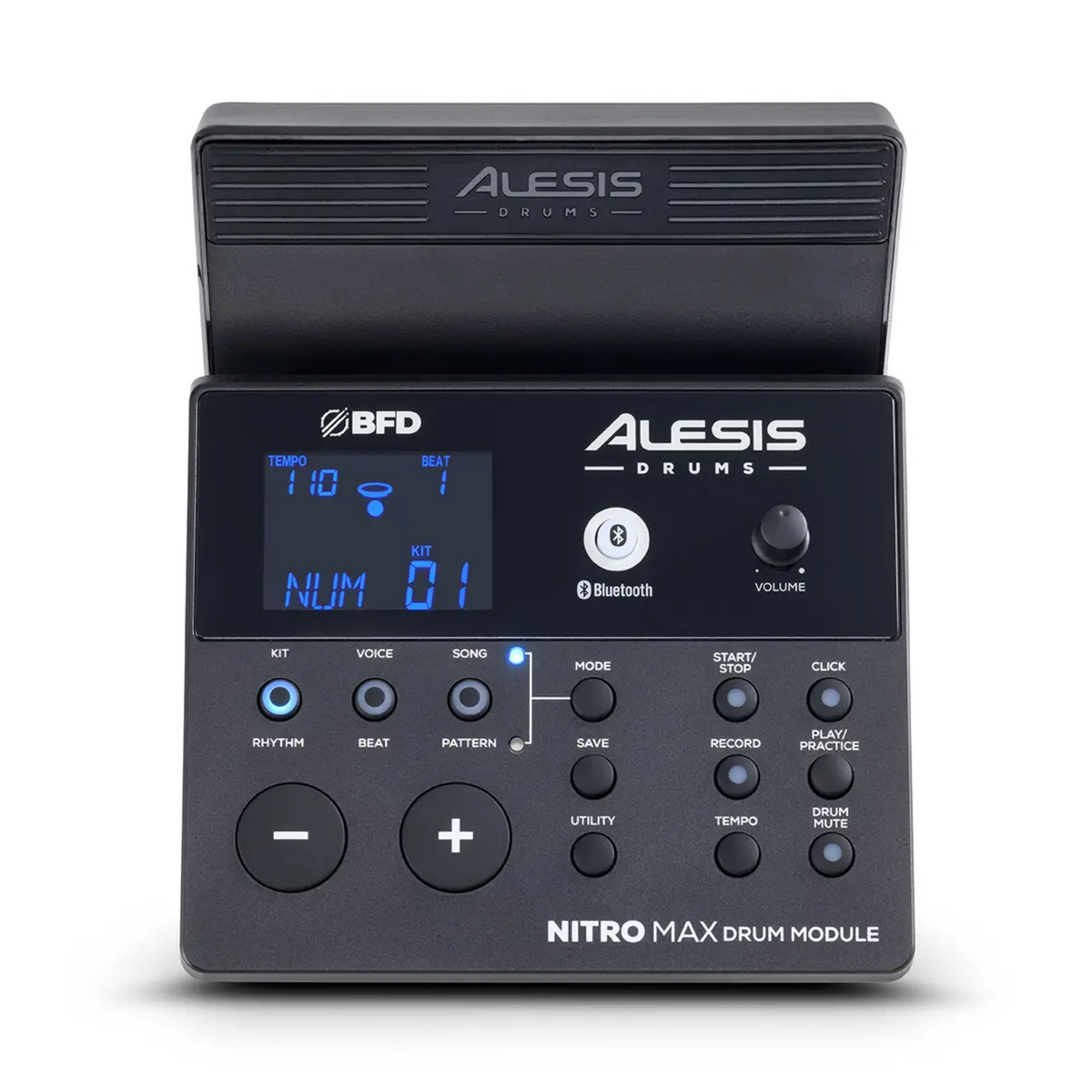 Alesis Nitro Max Drum Module featuring an LCD display, control buttons, rotary selector, Bluetooth functionality, and an integrated device holder.