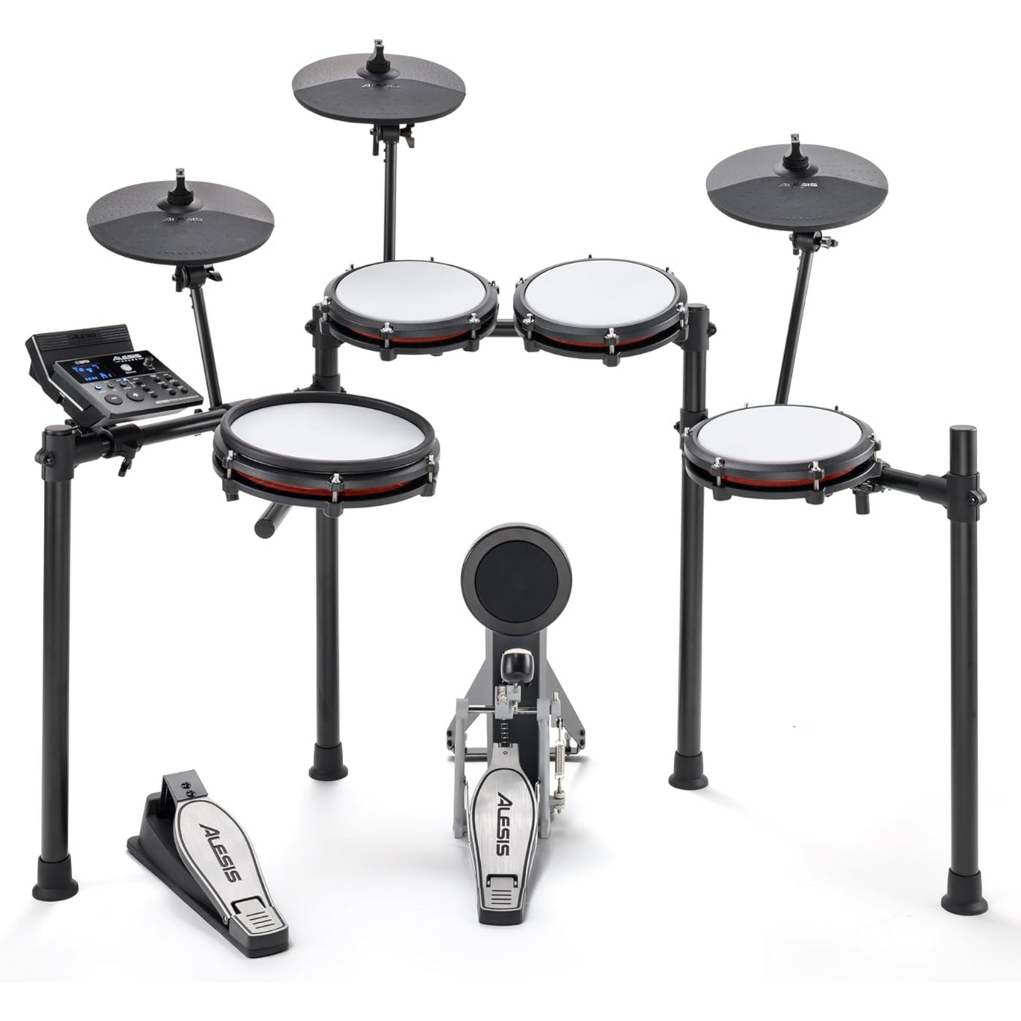 Alesis Nitro Max Electronic Drum Kit with Bluetooth featuring a 10-inch dual-zone mesh snare, three mesh toms, three 10-inch cymbal pads, Nitro Max Drum Module, kick tower, and aluminium rack.