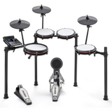 Alesis Nitro Max Electronic Drum Kit with Bluetooth featuring a 10-inch dual-zone mesh snare, three mesh toms, three 10-inch cymbal pads, Nitro Max Drum Module, kick tower, and aluminium rack.
