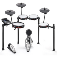 Alesis Nitro Max Electronic Drum Kit with Bluetooth featuring a 10-inch dual-zone mesh snare, three mesh toms, three 10-inch cymbal pads, Nitro Max Drum Module, kick tower, and aluminium rack.