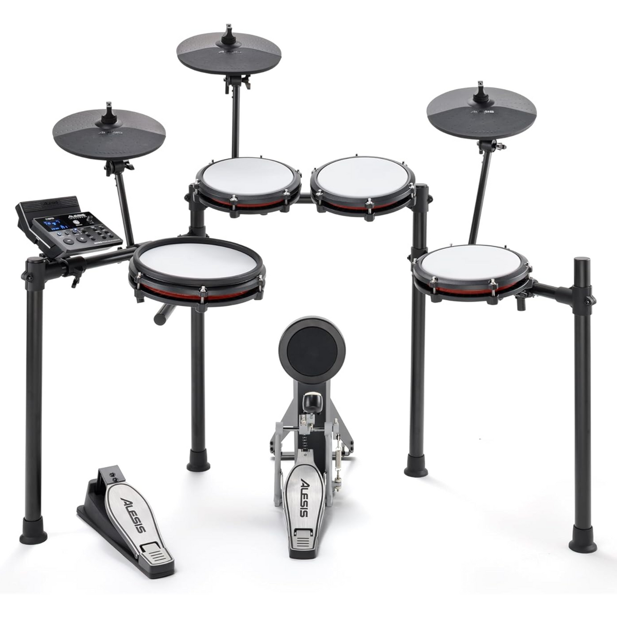 Alesis Nitro Max Electronic Drum Kit with Bluetooth featuring a 10-inch dual-zone mesh snare, three mesh toms, three 10-inch cymbal pads, Nitro Max Drum Module, kick tower, and aluminium rack.