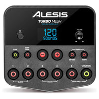 Alesis Turbo Drum Module for the Turbo Electronic Drum Kit featuring an LCD display, control buttons, and a rotary selector.