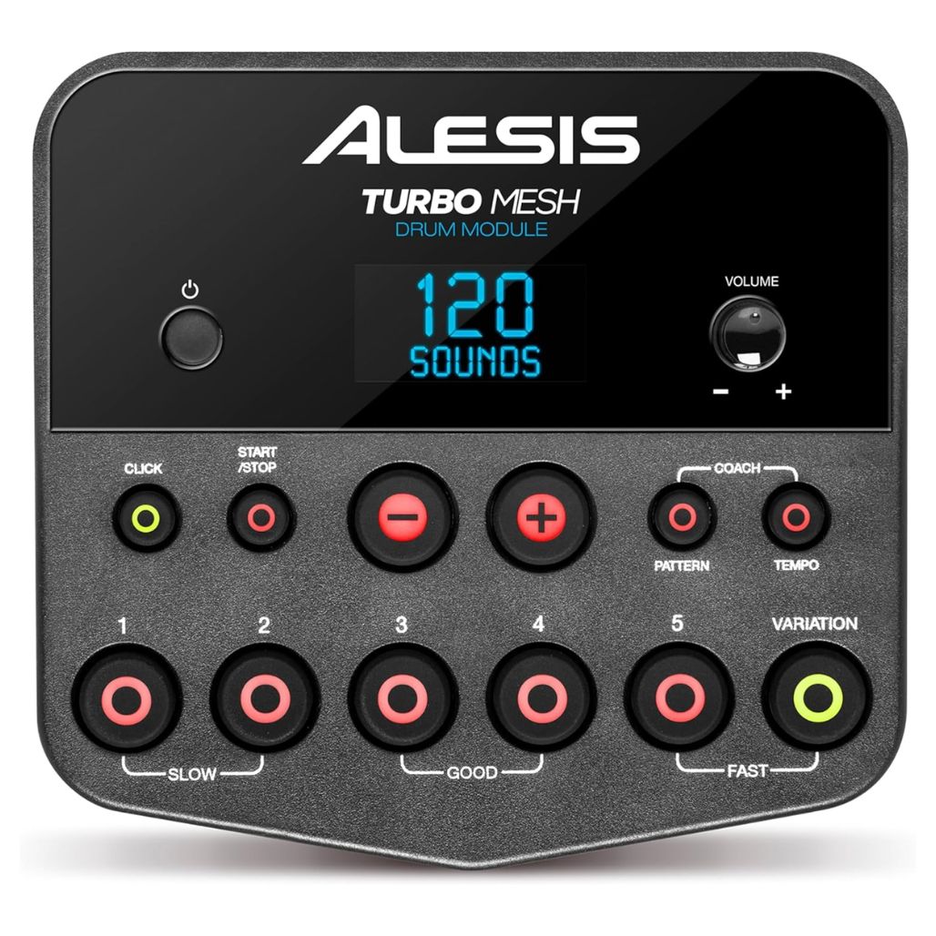 Alesis Turbo Drum Module for the Turbo Electronic Drum Kit featuring an LCD display, control buttons, and a rotary selector.