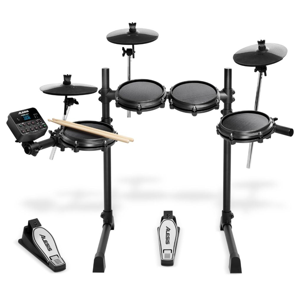 Alesis Turbo Electronic Drum Kit with Mesh Heads featuring an 8-inch mesh snare, three 8-inch mesh toms, three 10-inch cymbal pads, Turbo Drum Module, pedals, and a steel rack.