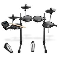 Alesis Turbo Electronic Drum Kit with Mesh Heads featuring an 8-inch mesh snare, three 8-inch mesh toms, three 10-inch cymbal pads, Turbo Drum Module, pedals, and a steel rack.