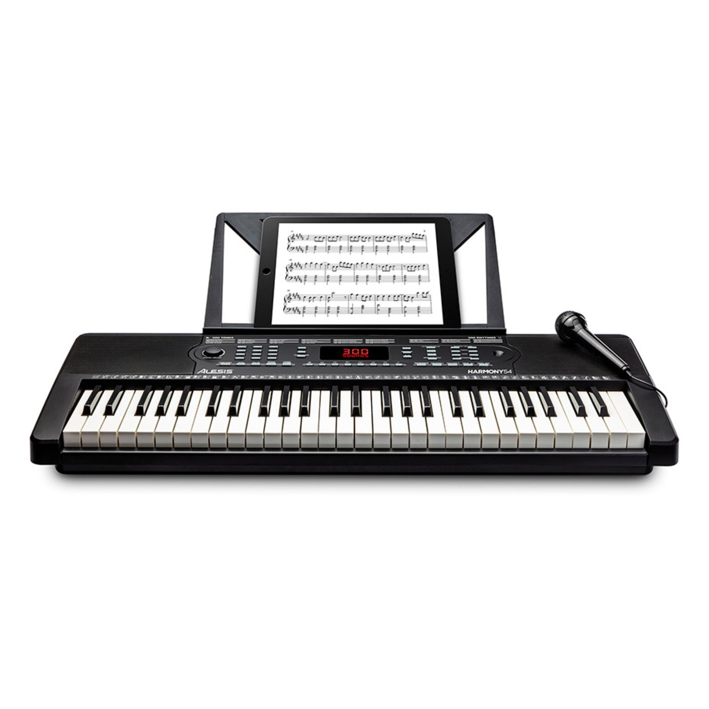 Alesis Harmony 54 Portable Keyboard with Microphone featuring 54 piano-style keys, built-in speakers, control panel, and included music rest.