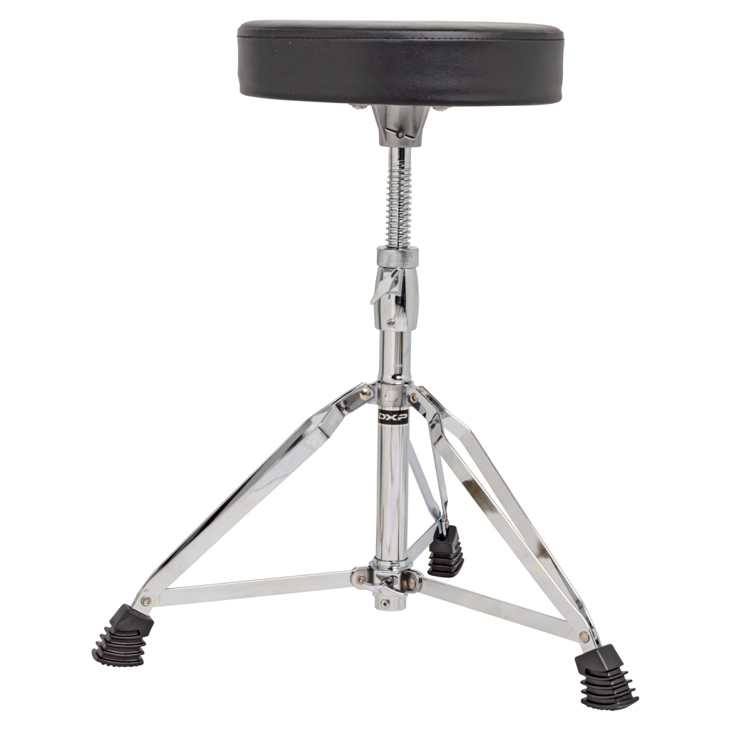 DXP Heavy Duty Double Braced Drum Throne DA1238 with padded round seat, chrome tripod base, and worm screw height adjustment.