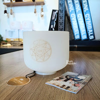 White Frosted Solfeggio Crystal Singing Bowl with 'Drum Republic' branding visible.