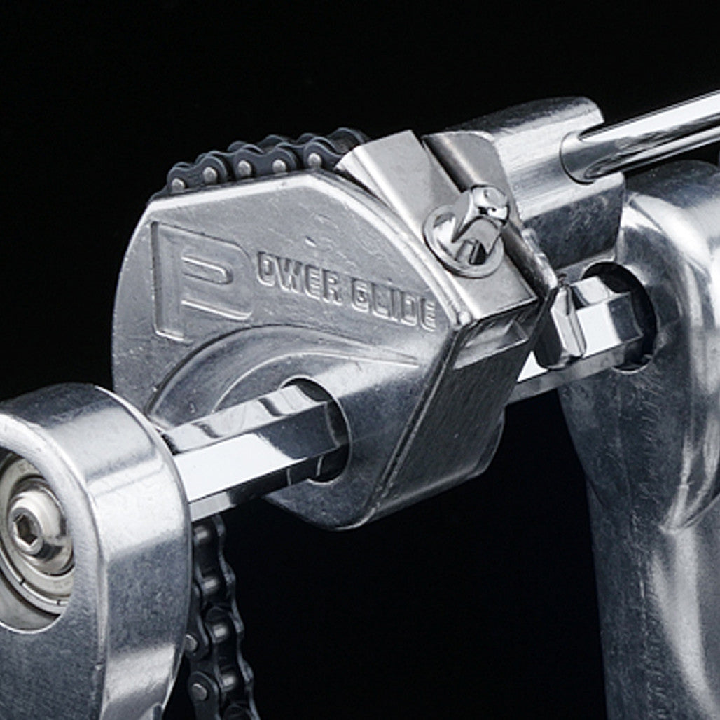 Close-up of the Power Glide cam on the Tama Iron Cobra 200 HP200PTW Double Bass Drum Pedal.