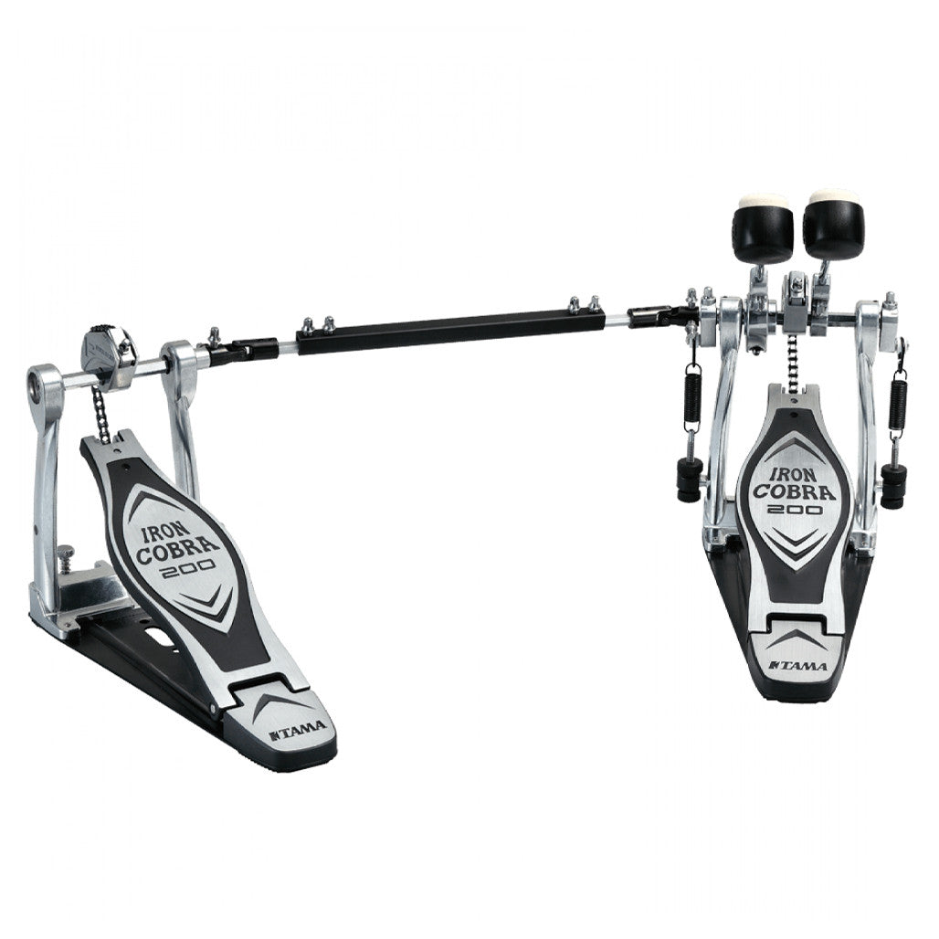 ama Iron Cobra 200 Double Bass Drum Pedal HP200PTW featuring Power Glide cams, single-chain drives, and dual-sided beaters.