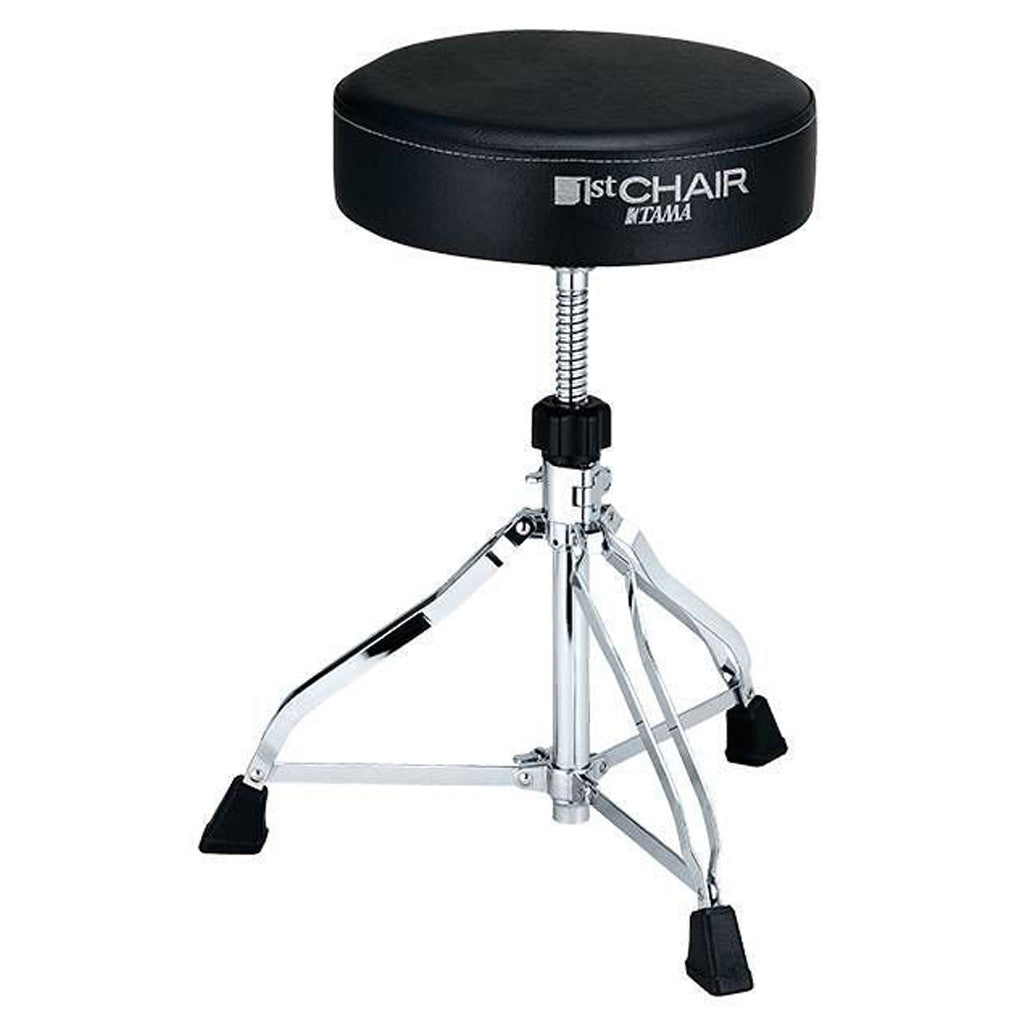 Tama 1st Chair Round Seat Drum Throne HT230 featuring a padded 13" round seat, double-braced tripod base, and adjustable height system.
