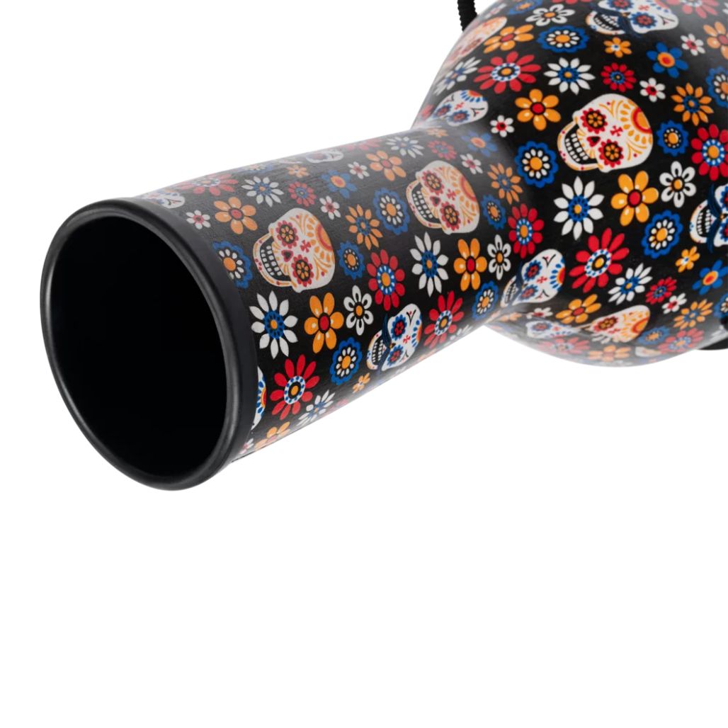 Close-up of the Meinl Jumbo Series Djembe Drum 10" Day of the Dead JD10DA showing the lower synthetic shell, side profile and open base.