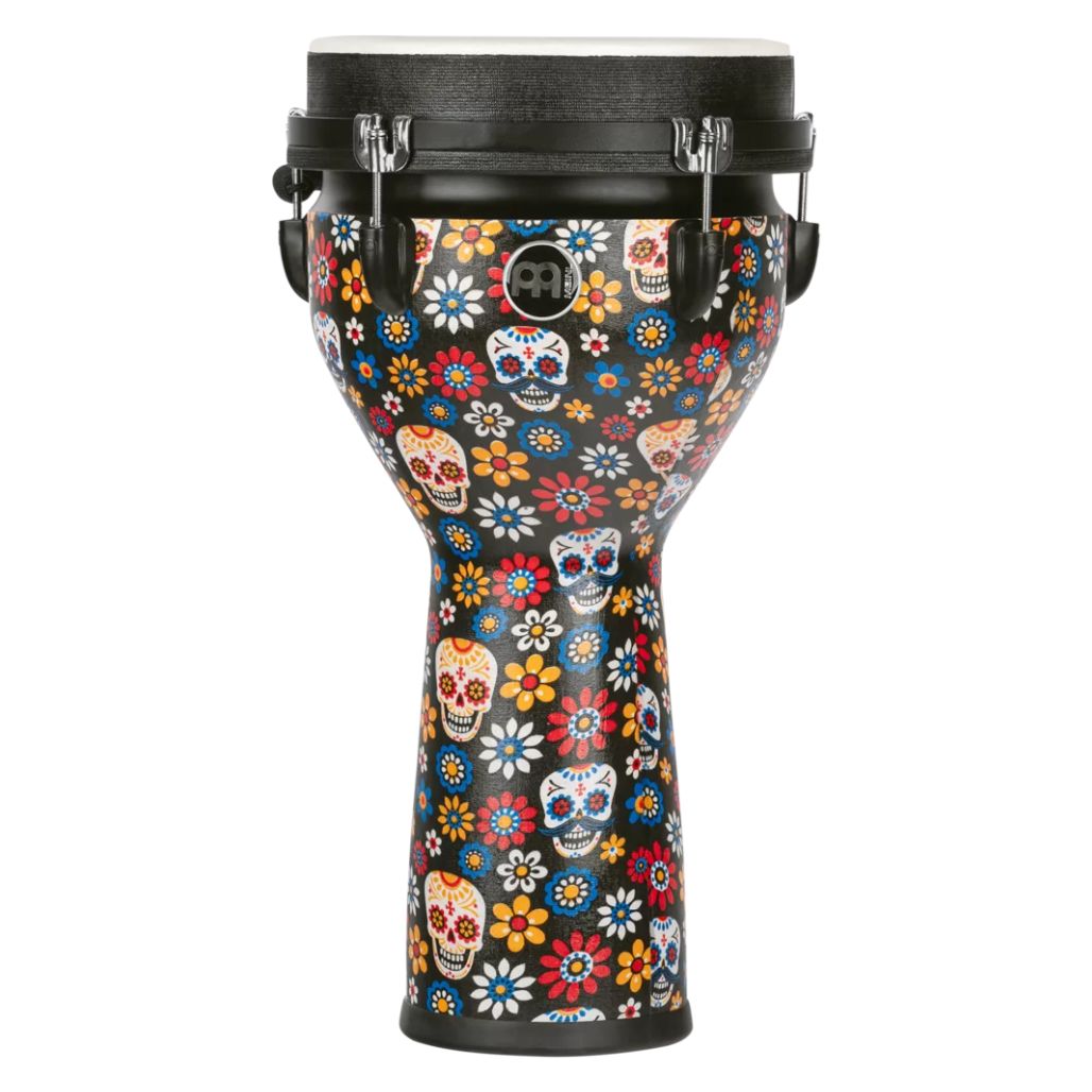 Side view of the Meinl Jumbo Series Djembe Drum 10" Day of the Dead JD10DA showing the synthetic shell and mechanical tuning hardware.