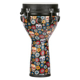 Side view of the Meinl Jumbo Series Djembe Drum 10" Day of the Dead JD10DA showing the synthetic shell and mechanical tuning hardware.