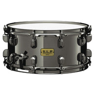 Tama S.L.P. Black Brass Snare Drum 14" x 6.5" LBR1465 featuring a 1.5mm brass shell, Black Nickel hardware, and triple-flanged Steel Mighty Hoops.