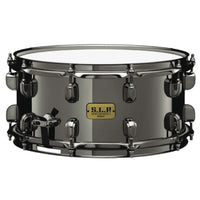 Tama S.L.P. Black Brass Snare Drum 14" x 6.5" LBR1465 featuring a 1.5mm brass shell, Black Nickel hardware, and triple-flanged Steel Mighty Hoops.
