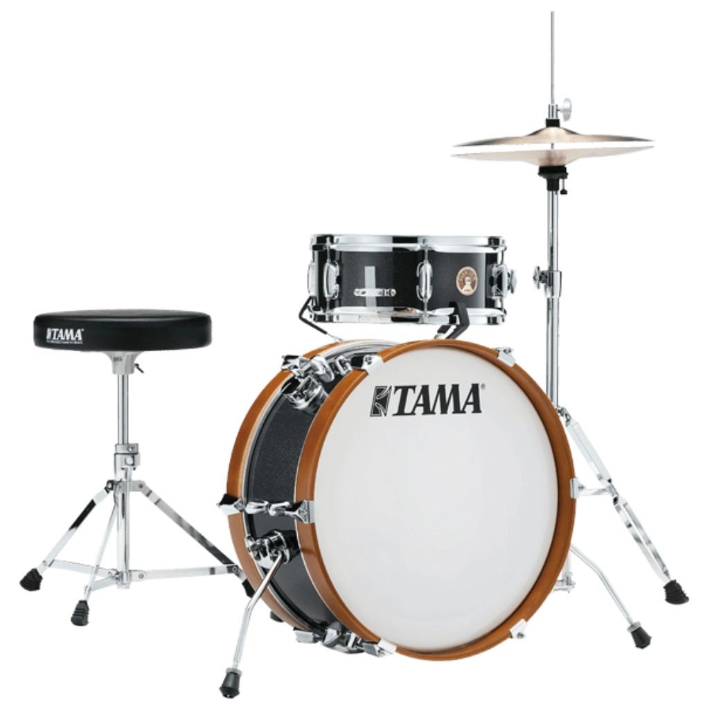 Tama Club-JAM Mini Drum Kit with Hardware in Charcoal Mist LJK28H4-CCM featuring an 18" bass drum and 12" snare drum in a compact setup.