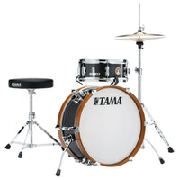 Tama Club-JAM Mini Drum Kit with Hardware in Charcoal Mist LJK28H4-CCM featuring an 18" bass drum and 12" snare drum in a compact setup.