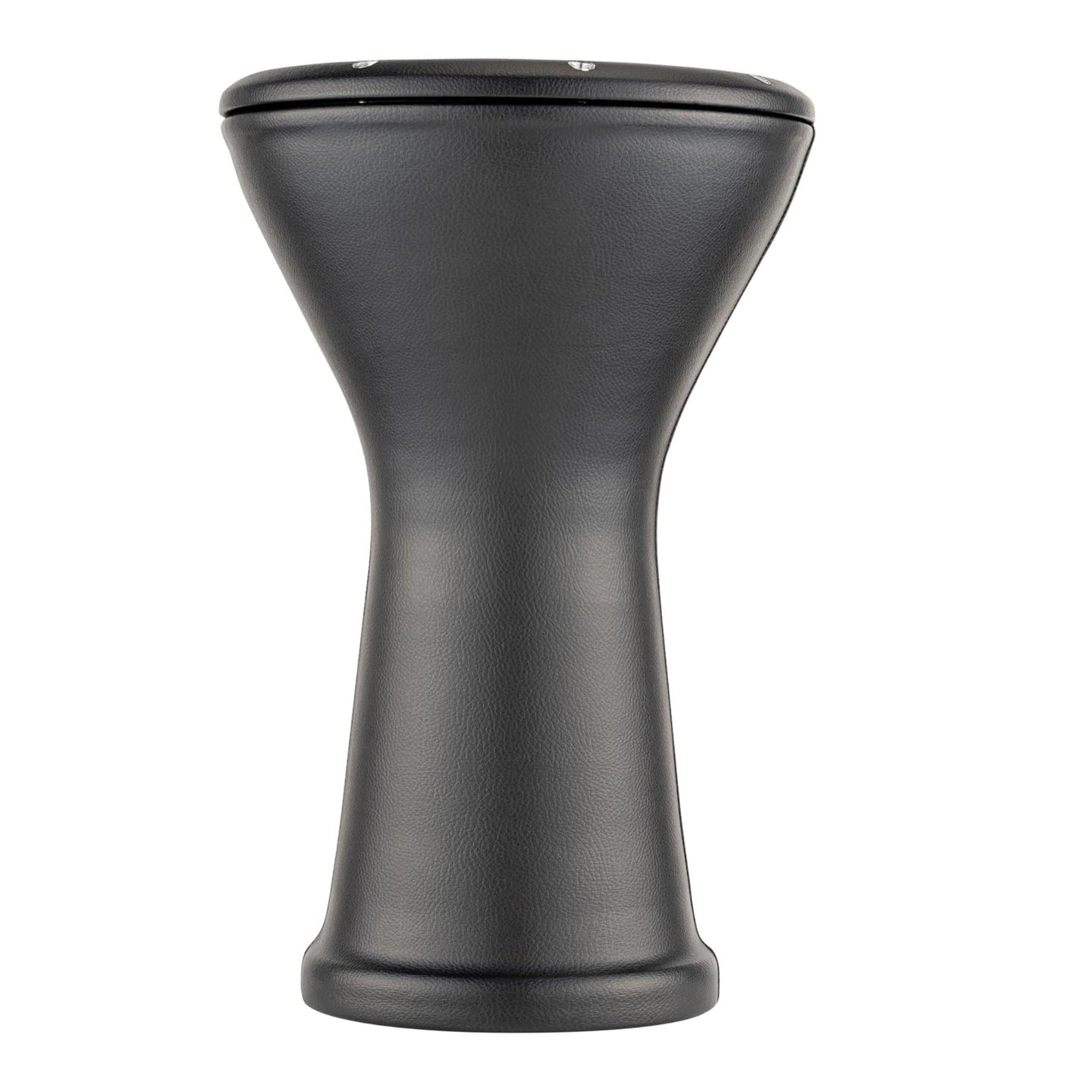 side view of 10 inch aluminium bass doumbek drum with black leather covered shell on white background