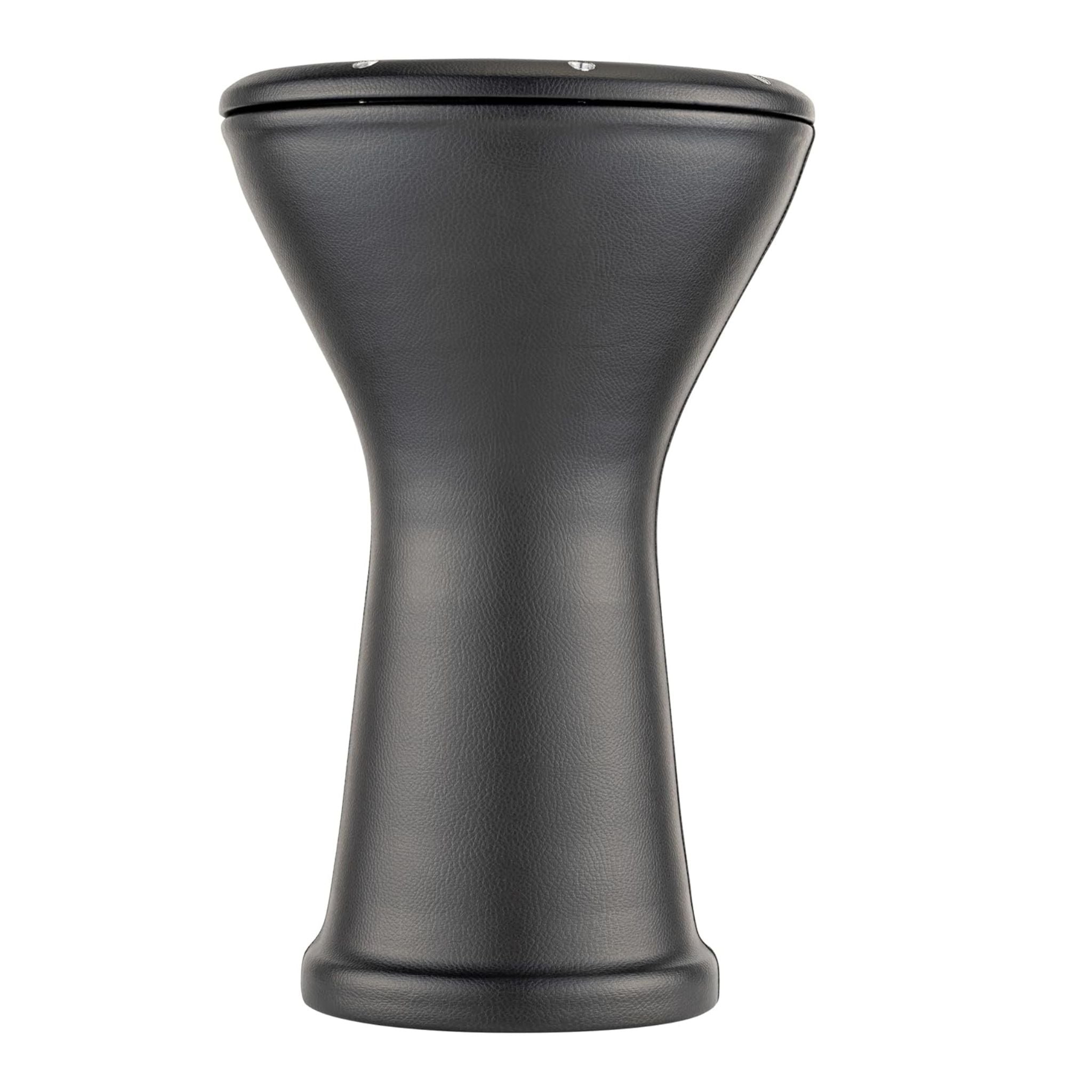 side view of 10 inch aluminium bass doumbek drum with black leather covered shell on white background