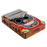 Mahalo Kalimba Thumb Piano Handmade Day of the Dead Skull MKA17SK featuring a 17-key layout, solid wood body, and handcrafted Day of the Dead Skull design.
