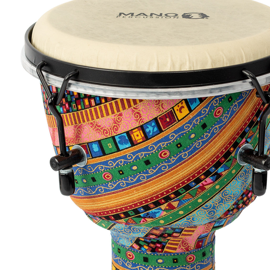 Close-up of the Mano Percussion Djembe Drum 8" Water Spirit Design MPC09WS showing the upper shell and drumhead.