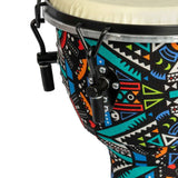 Close-up of the Mano Percussion Djembe Drum 10" Aztec Disco Design MPC45AD showing the metal hoop, black hook lugs and upper shell artwork.