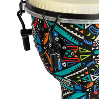 Close-up of the Mano Percussion Djembe Drum 10" Aztec Disco Design MPC45AD showing the metal hoop, black hook lugs and upper shell artwork.