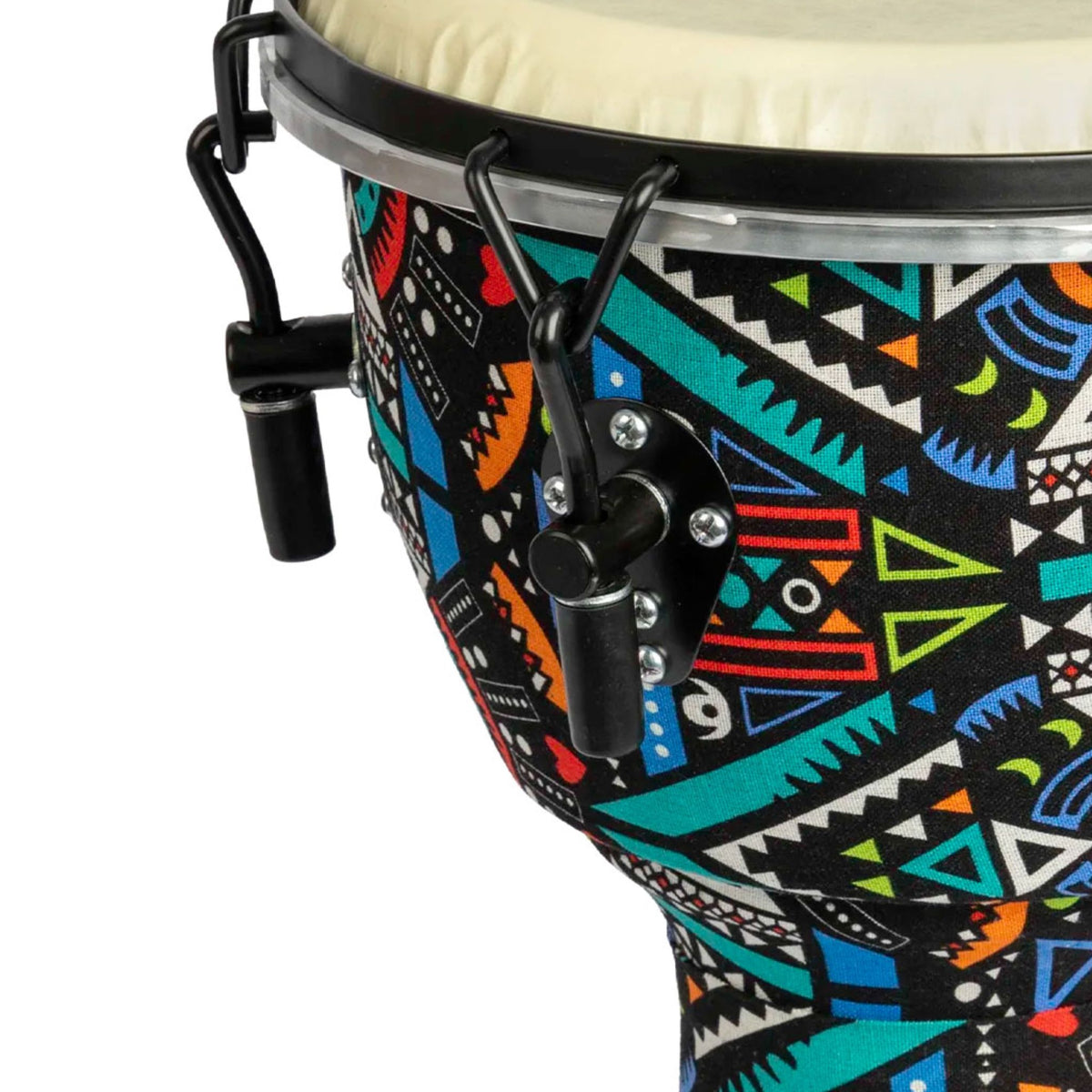 Close-up of the Mano Percussion Djembe Drum 10" Aztec Disco Design MPC45AD showing the metal hoop, black hook lugs and upper shell artwork.