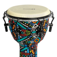 Close-up of the Mano Percussion Djembe Drum 10" Aztec Disco Design MPC45AD showing the drumhead and colourful upper shell artwork.