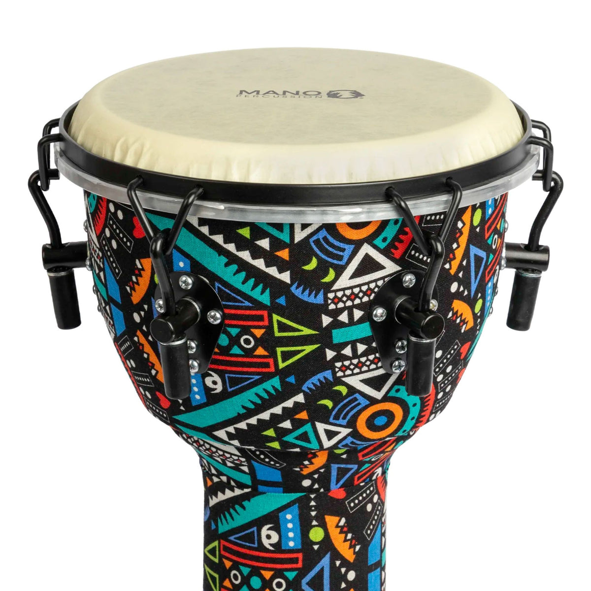Close-up of the Mano Percussion Djembe Drum 10" Aztec Disco Design MPC45AD showing the drumhead and colourful upper shell artwork.