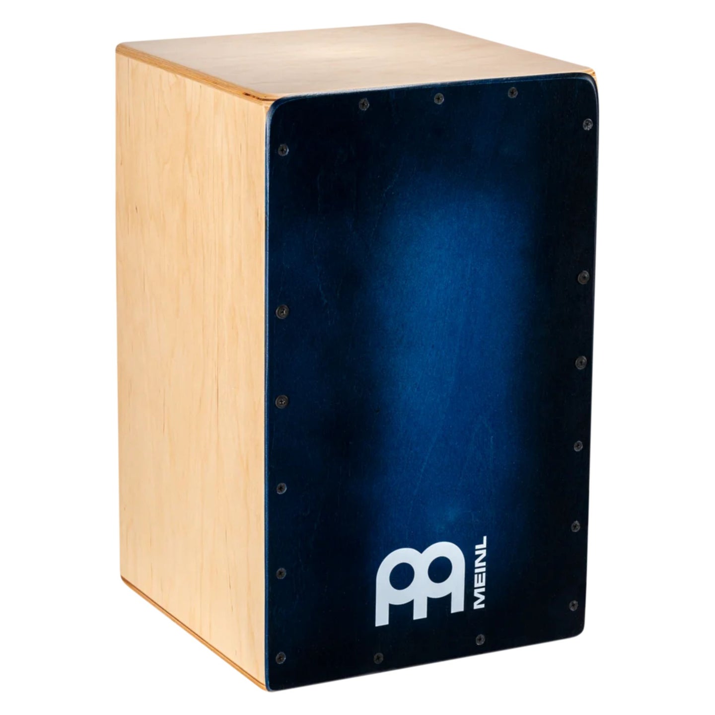 Full product image of the Meinl Snarecraft Cajon Blue Burst finish on a clean white background for e-commerce.