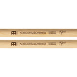 Close-up of the Meinl Kriss Rybalchenko Signature Drumsticks SB603 showing the Meinl logo, Kriss Rybalchenko signature, and custom dinosaur logo.