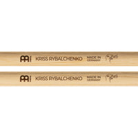 Close-up of the Meinl Kriss Rybalchenko Signature Drumsticks SB603 showing the Meinl logo, Kriss Rybalchenko signature, and custom dinosaur logo.