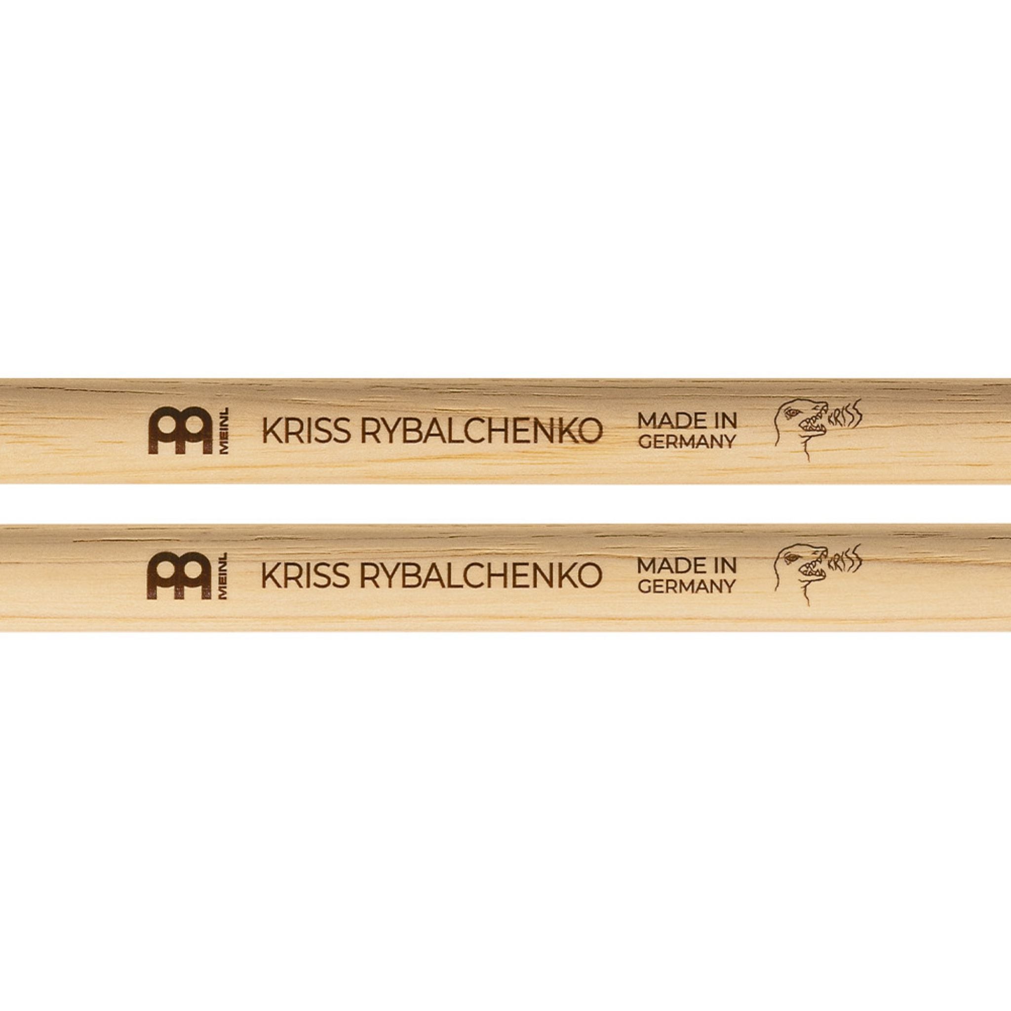 Close-up of the Meinl Kriss Rybalchenko Signature Drumsticks SB603 showing the Meinl logo, Kriss Rybalchenko signature, and custom dinosaur logo.