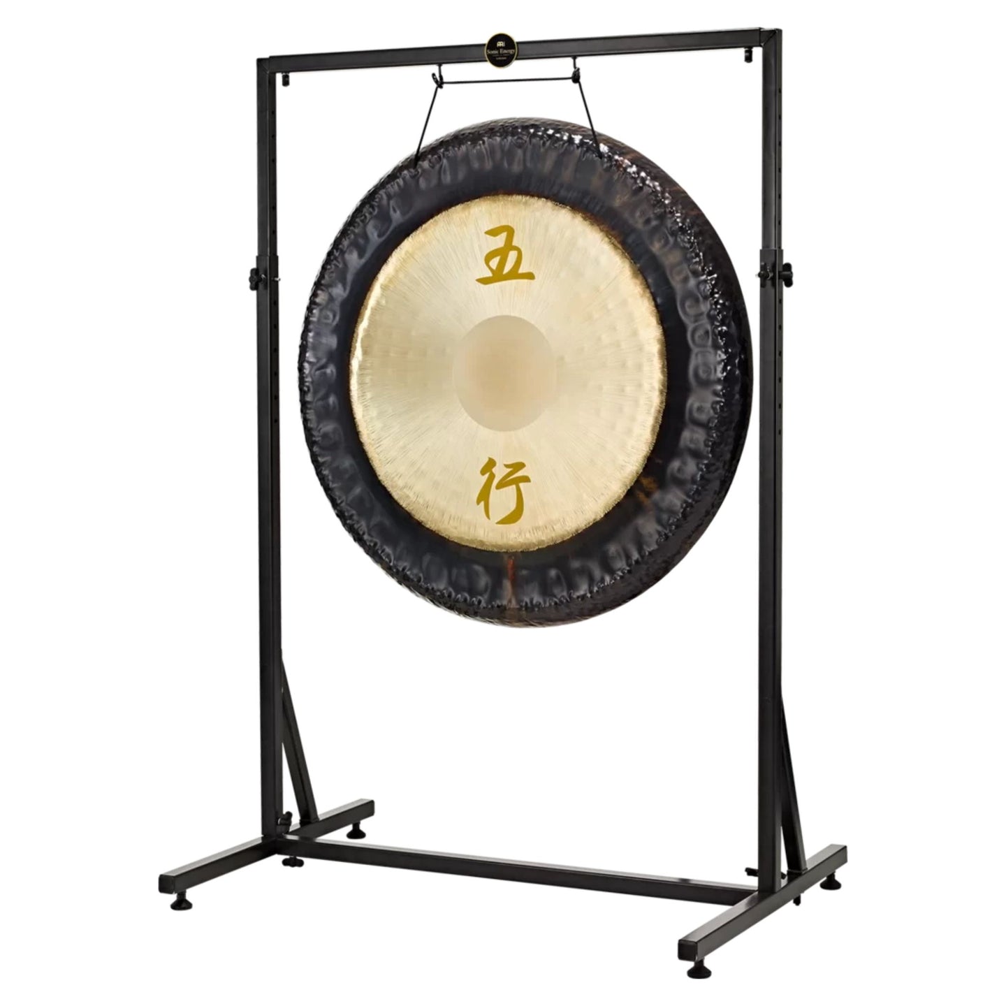 Meinl Sonic Energy Framed Gong Stand TMGS-3 with a large gong mounted on the height-adjustable black steel frame, allowing the gong to swing freely while played.