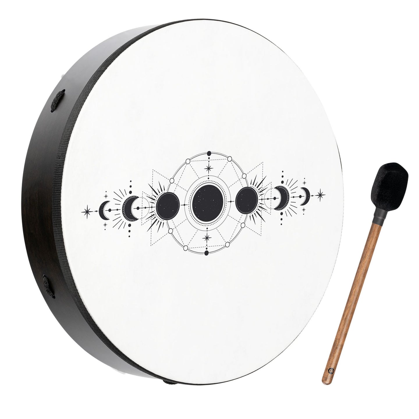 Meinl Sonic Energy Ritual Drum 18" Moon Phases RD18DWB-SH with the included mallet, showing the Moon Phases design and True Feel synthetic head.