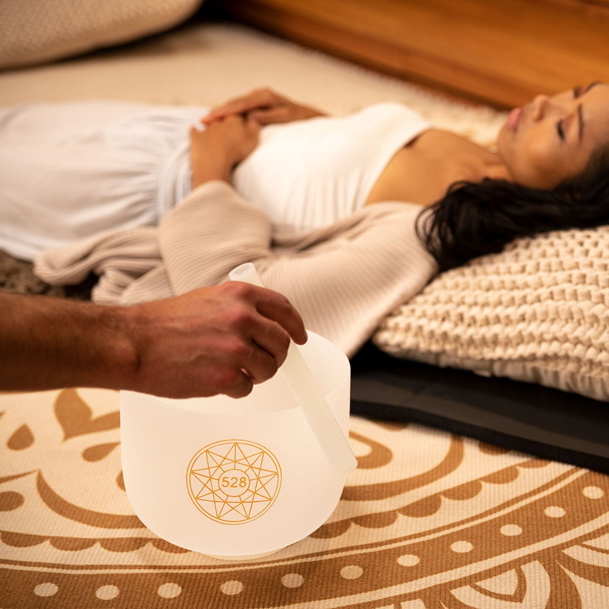 Sound therapy session with Solfeggio crystal singing bowl at Drum Republic.