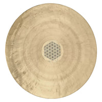Meinl Sonic Energy Flower of Life Wind Gong 20 inch WGFOL20 on white background showing handcrafted bronze gong with engraved Flower of Life symbol and suspension holes