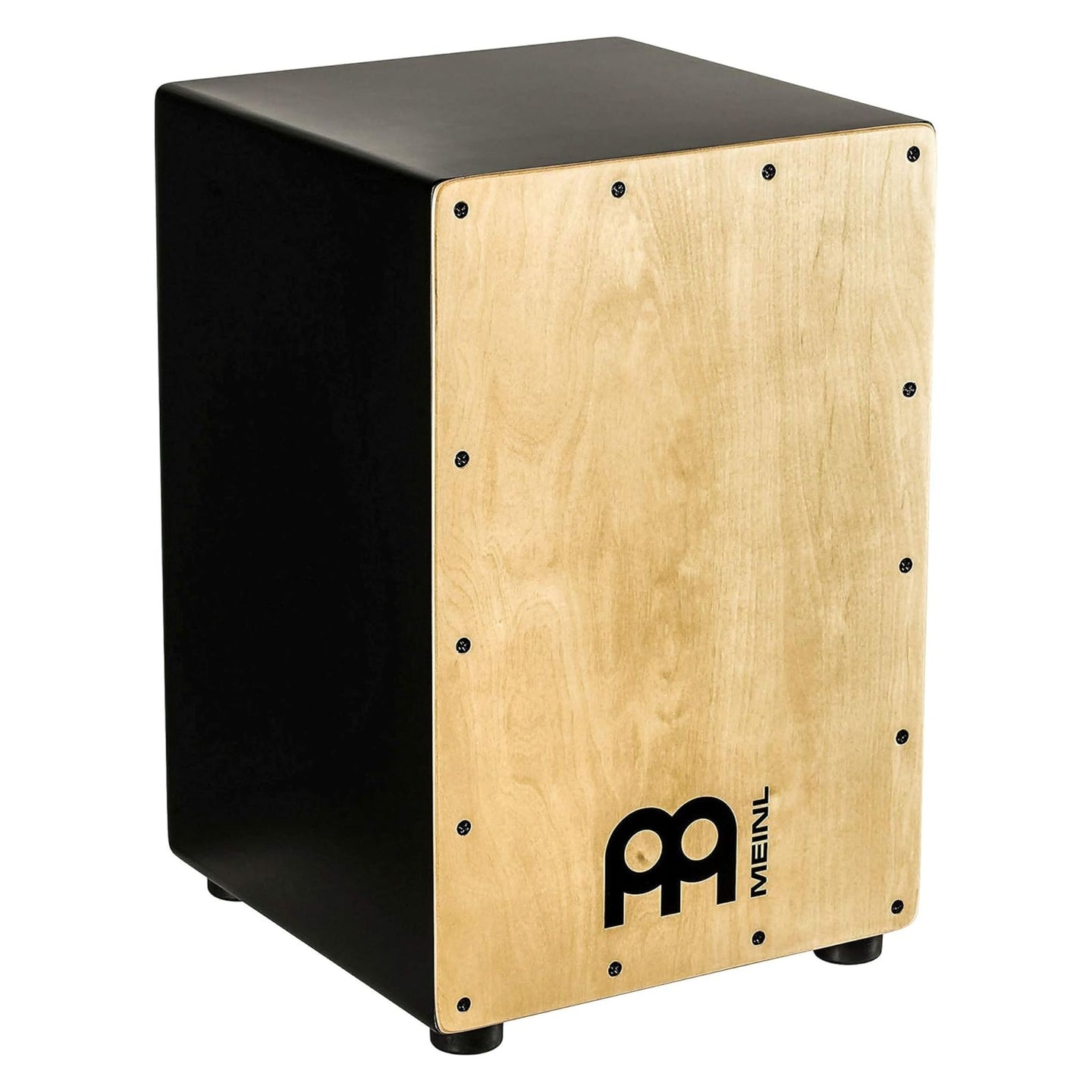 Meinl Headliner Series Snare Cajon MCAJ100BK-MA with natural maple frontplate and matte black body.