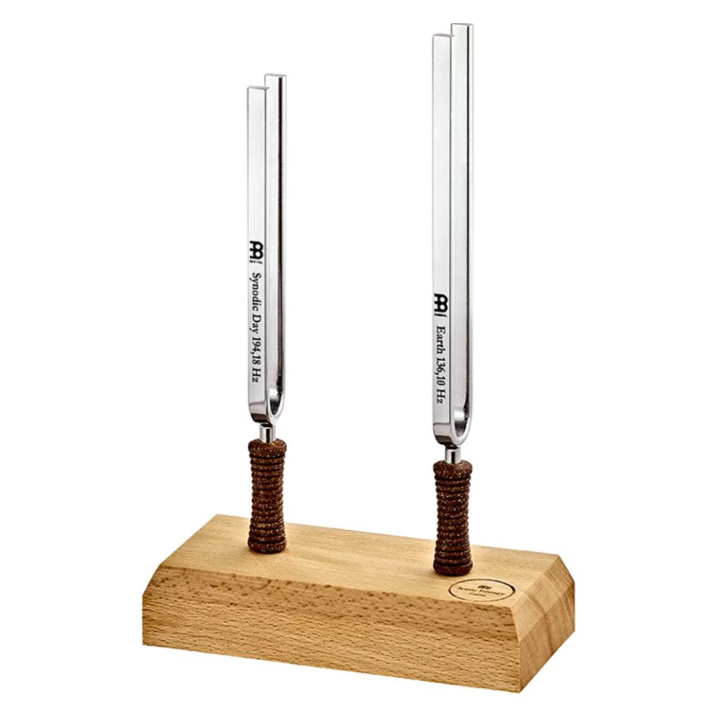Meinl Sonic Energy Planetary Tuned Tuning Fork Set Day & Night TF-SET-2 featuring Synodic Day 194.18 Hz and Earth Year Om 136.10 Hz tuning forks displayed in a wooden holder for meditation, sound therapy, and frequency exploration.
