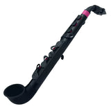 black and hot pink beginner saxophone on white background showing lightweight compact design and traditional fingering layout