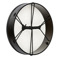 Rear view of the Meinl Sonic Energy Ritual Drum 16" Moon Phases RD16DWB-SH showing the dark walnut brown poplar frame and cord cross grip.