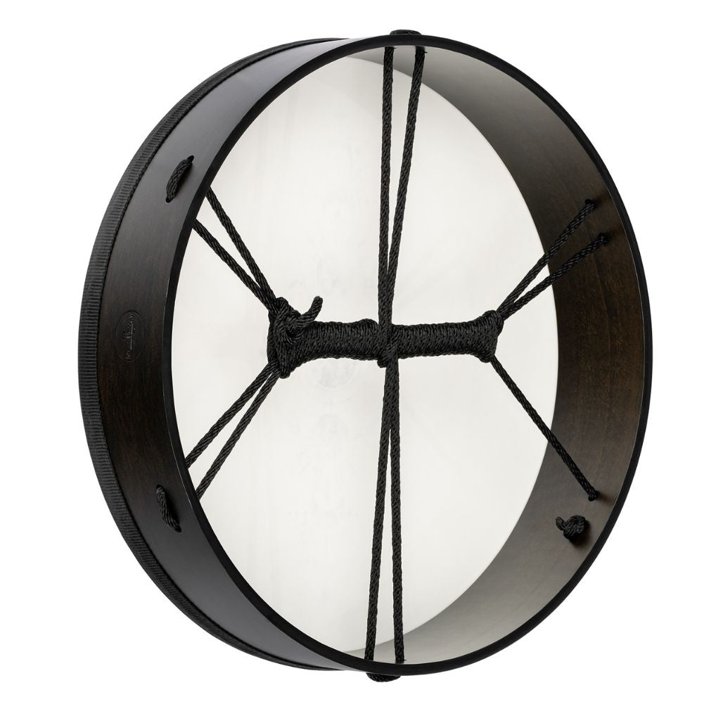 Rear view of the Meinl Sonic Energy Ritual Drum 16" Moon Phases RD16DWB-SH showing the dark walnut brown poplar frame and cord cross grip.